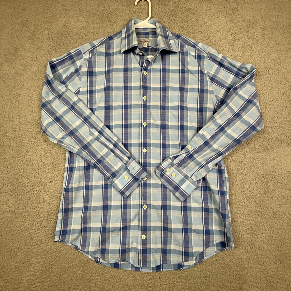 Peter‎ Millar Mens Medium Button Down Shirt Blue Plaid Long Sleeve Casual